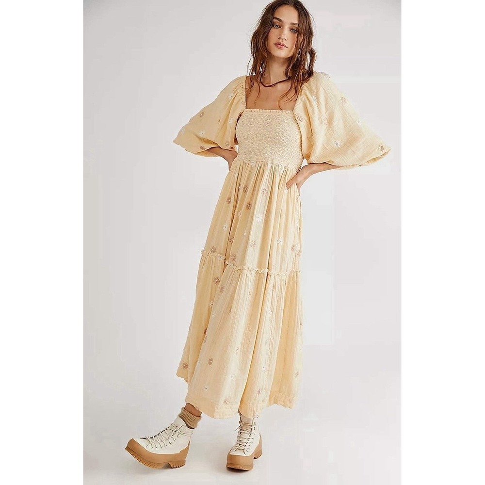 Free People Dahlia Flower Embroidered Cottagecore Cream‎ Spring Maxi Dress Sz S